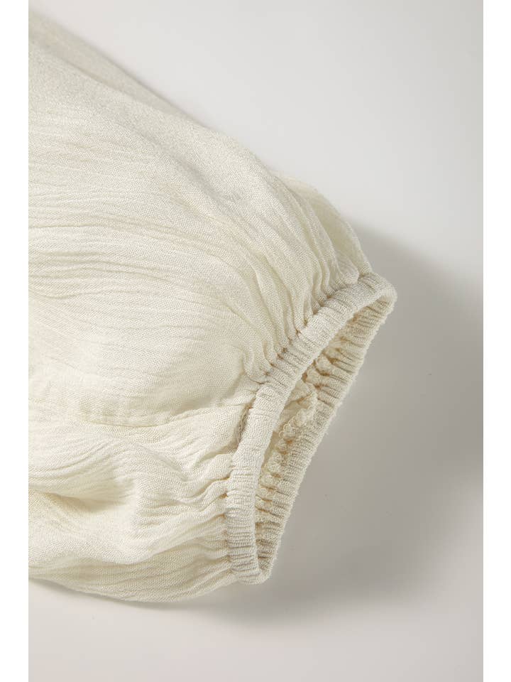 Beige Floral Embroidered Textured Spring Puff Sleeve Loose Shirt for wholesale on Faire14