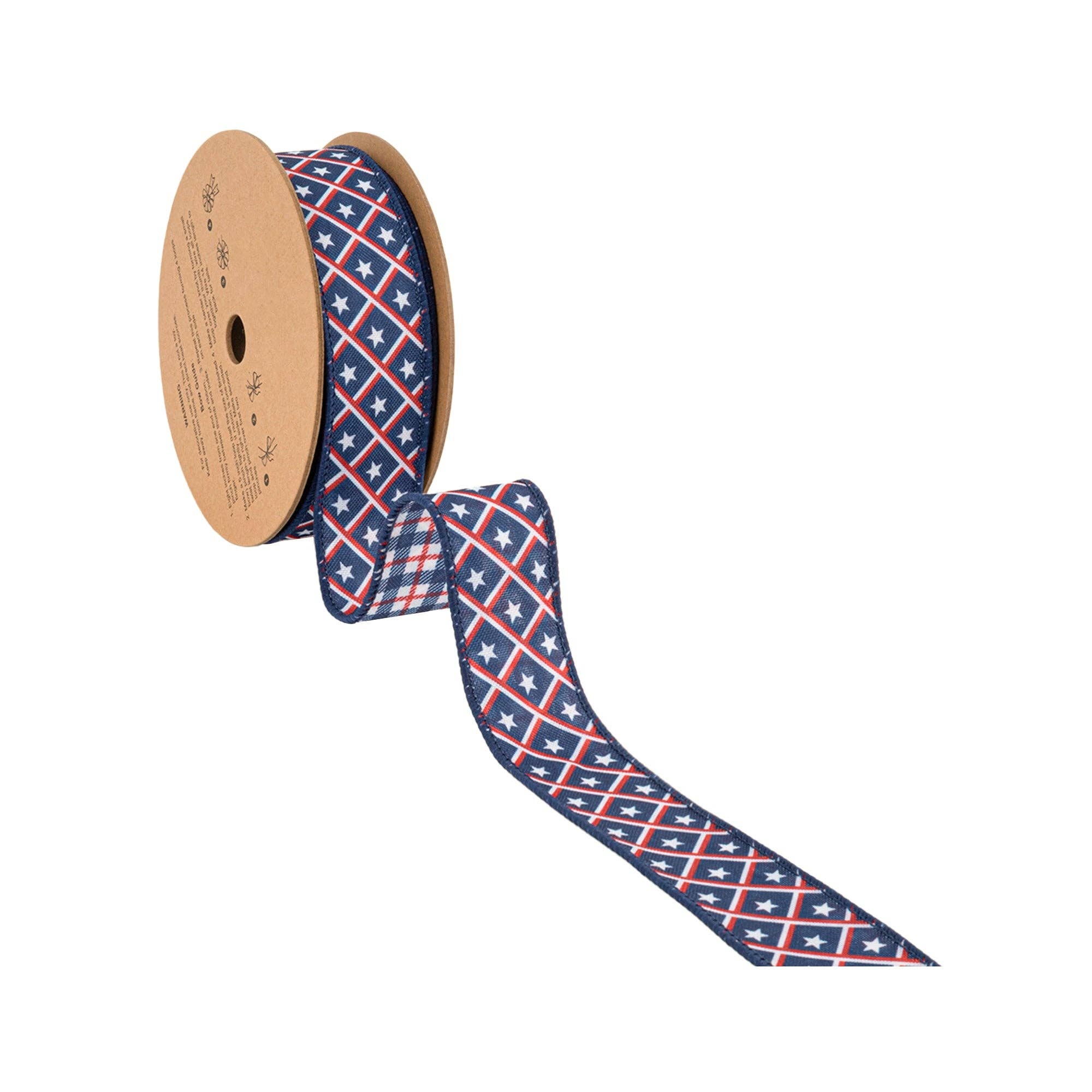 LA Ribbons Wholesale - Wholesale Ribbon - Gift Wrapping - 1 1/2" Wired Ribbon | Patriotic Diamond Stars/Plaid | 10 Yard Roll3