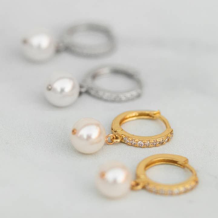 CZ Hoop Earrings with Large Pearl Dangles - size 10mm for wholesale by A Worthy Brand