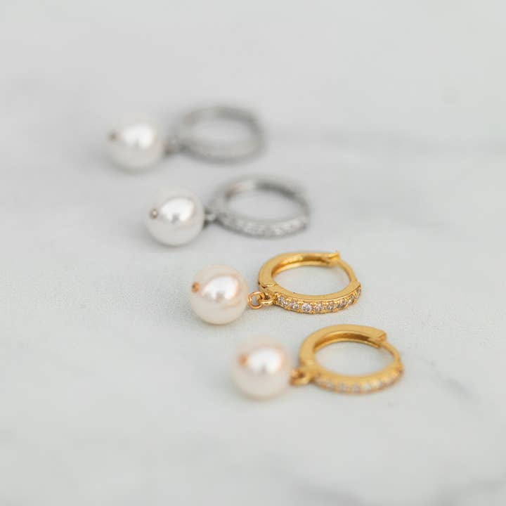 CZ Hoop Earrings with Large Pearl Dangles - size 10mm for wholesale by A Worthy Brand