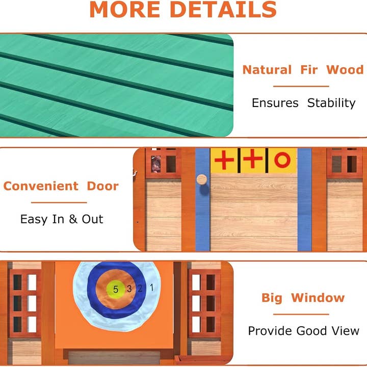 ShipItFurniture - Wholesale Wood Toy - Kids - Outdoor Playhouse for Age 3-8 Years Boy Girl, Wooden Cottage Playhouse with 4 Game Awning Window, Ball Wall & Tetris. Play House for Outdoor Garden, Lawn, Patio, Yard.