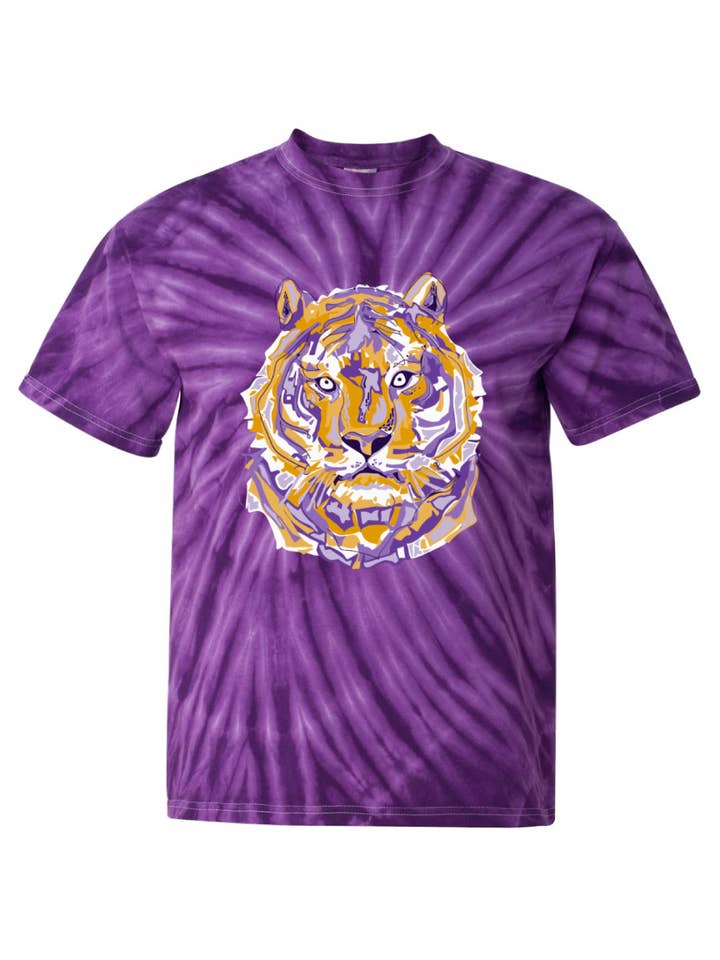 Pink House On River Road - Wholesale Screen Printed T-Shirt - Women's - Layered Purple and Gold Tiger Mascot Tie Dye Graphic Tee