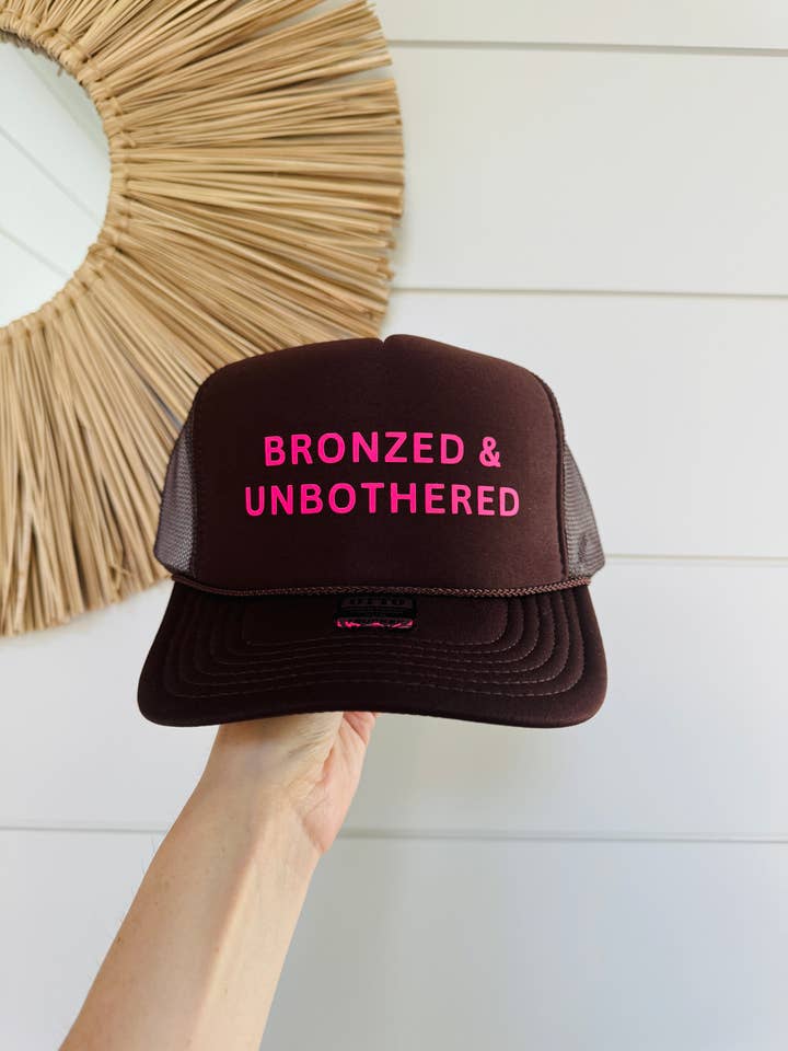 BRONZED & UNBOTHERED Trucker Hat | Brown & Neon Pink for wholesale by The Day Away Collective