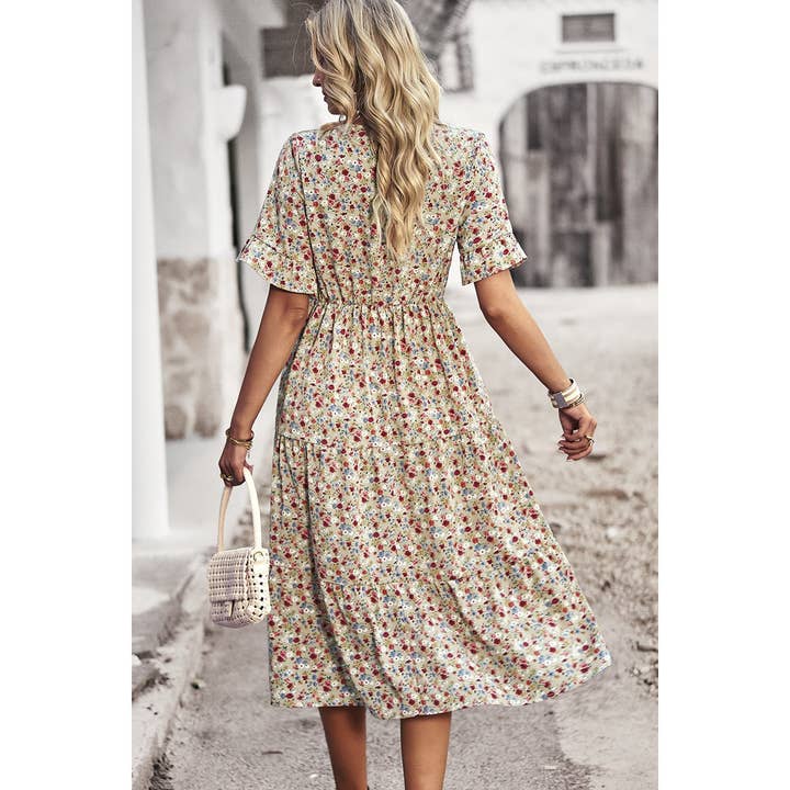 Supreme Fashion - Wholesale Dress - Women's - Boho Floral Ruffle Hem V Neck Short Sleeve Dress