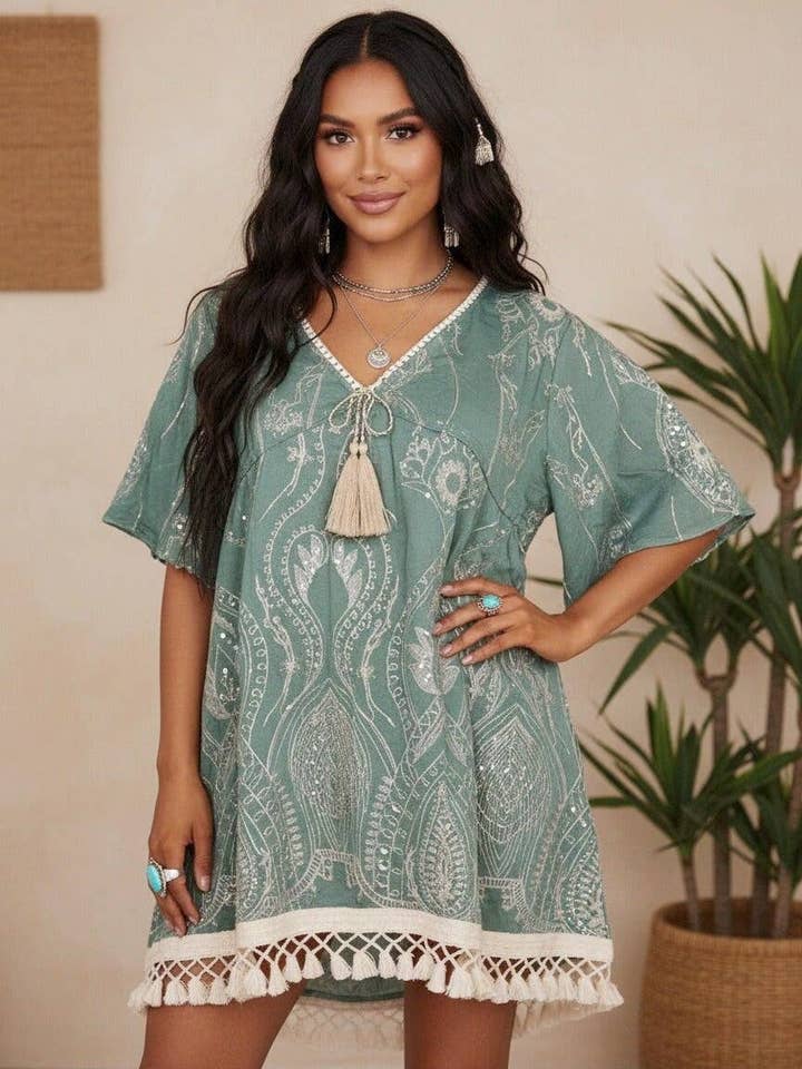 JCL903302 Aqua Boho Folk Embroidered Pullover with Subtle Sequins for wholesale by JC Sunny Fashion