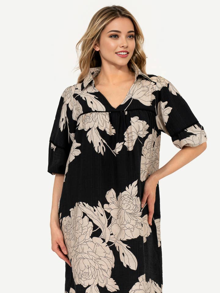 PLUS SIZE (1x /2x) Mbd-9747 Mellie Flowy Floral Dress Black for wholesale by Pixi + Ivy