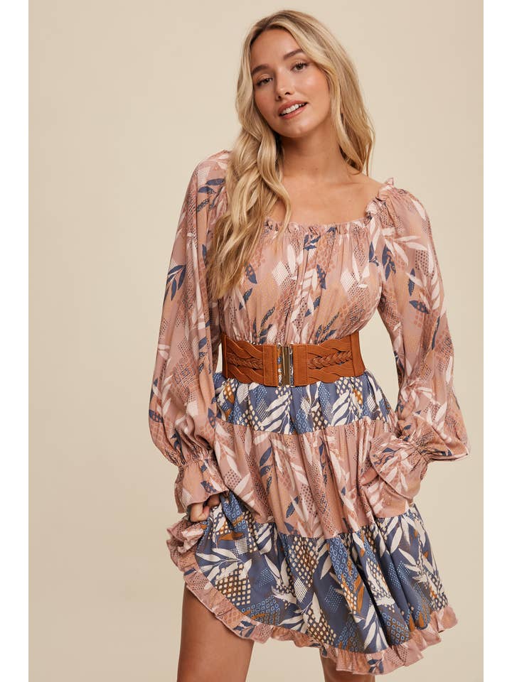 Listicle - Wholesale Dress - Women's - Patchwork Puff-Sleeve Tiered Mini Dress4