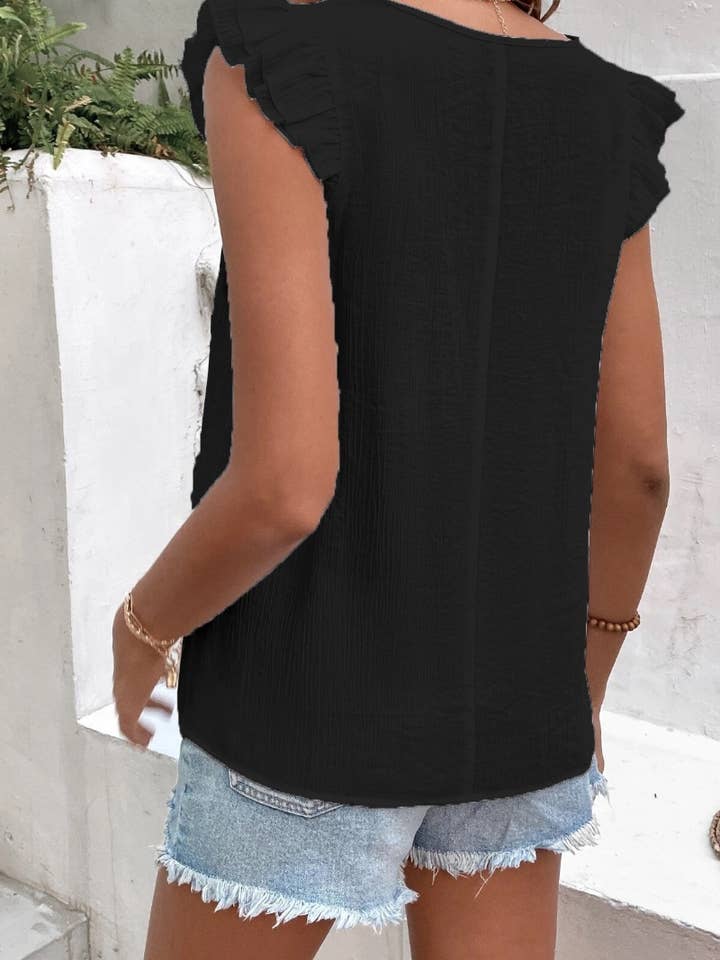 NINEXIS - Wholesale Blouse - Women's - CWTBLSL0245_V-NECK LACE PATCHWORK RUFFLED CASUAL TOP