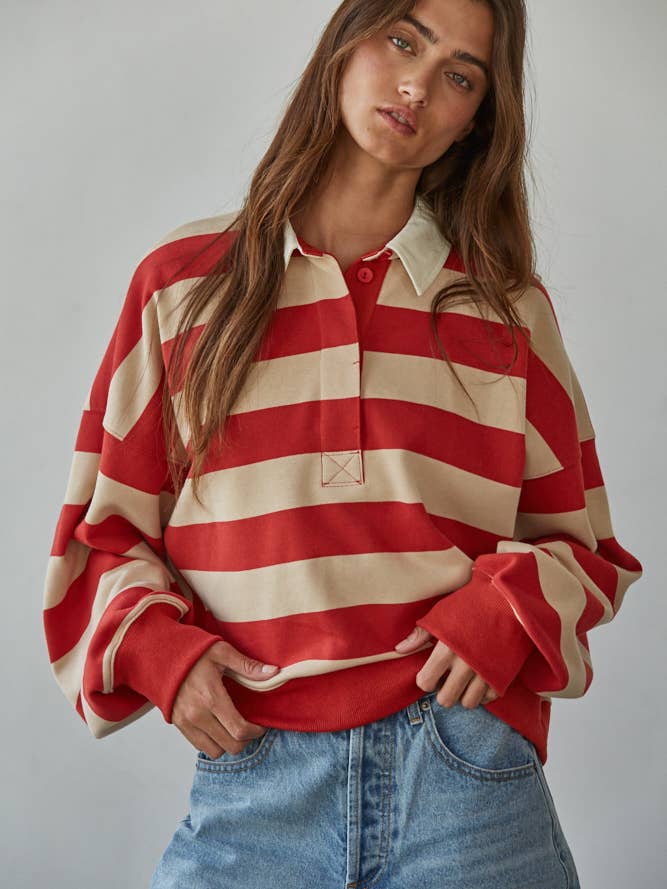 L8467 | Knit Cotton Polyester Striped Half Button Up Top for wholesale by By Together
