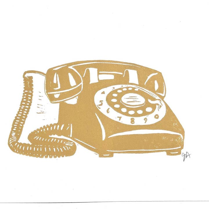 LINOCUT - Vintage rotary telephone - Hand-pressed linoleum block print (8x10in) for wholesale by The Big Harumph