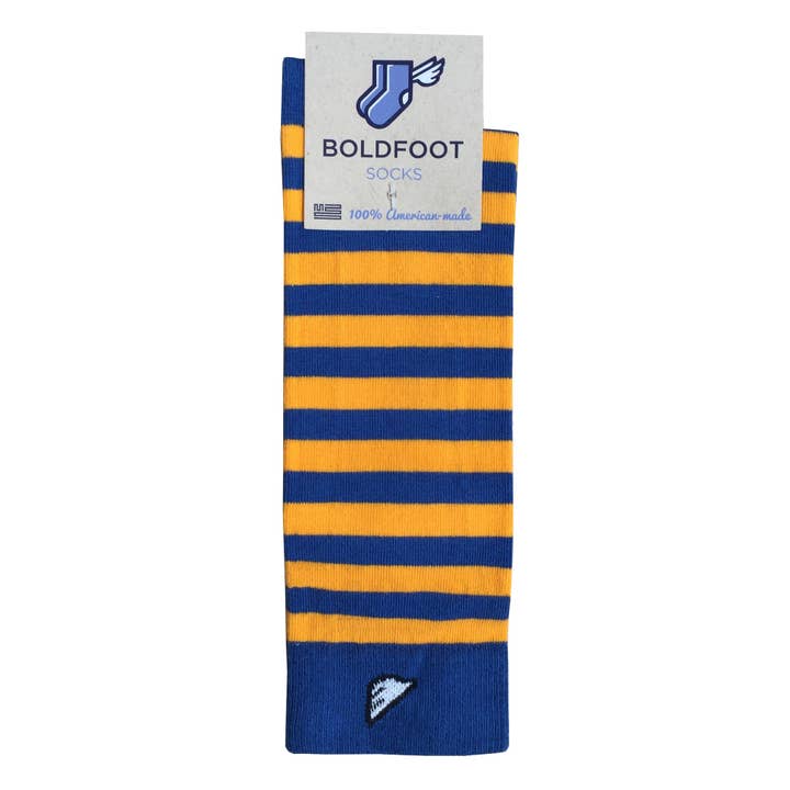 Jailbird - Royal Blue & Gold / Yellow. American Made Dress / Casual Stripe Socks for wholesale by Boldfoot Socks