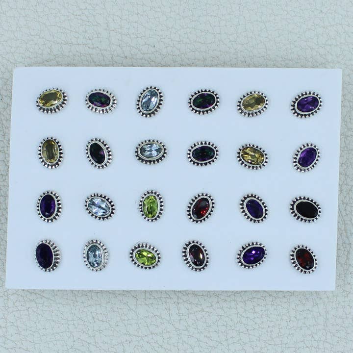 Garnet, Amethyst, Citrine, Peridot Gemstone 12 Pair Studs Earrings for wholesale by Silvex Jewelry