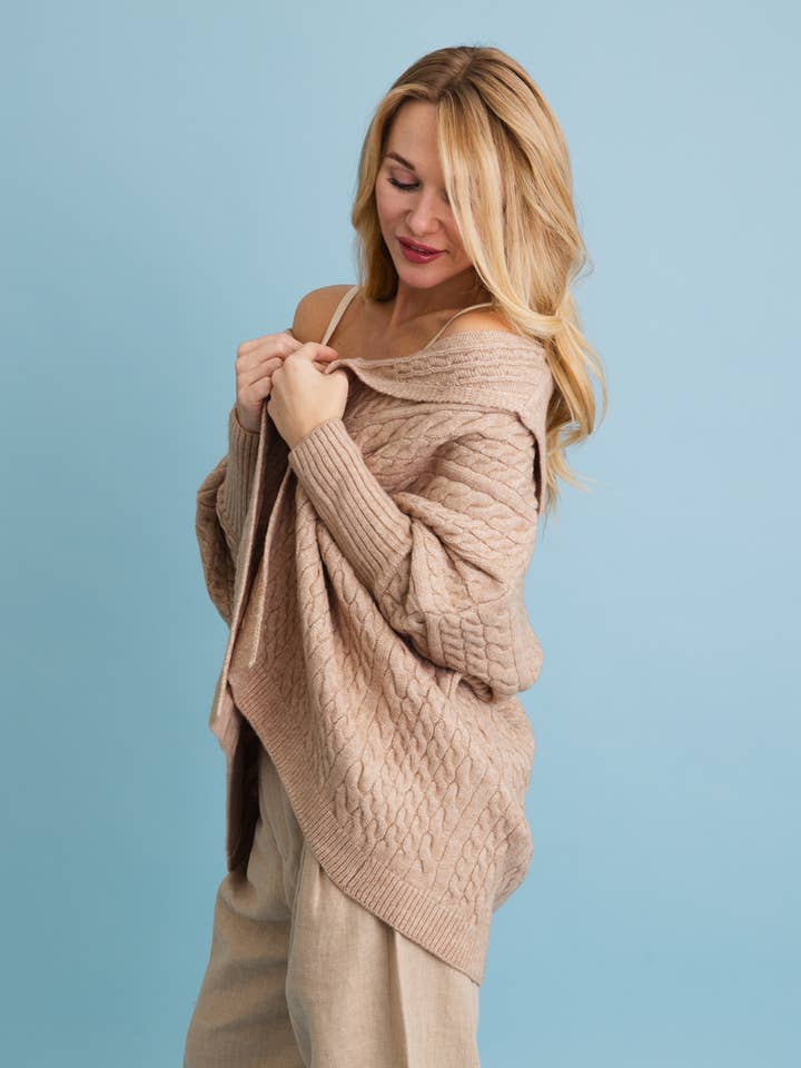 Leto Accessories - Wholesale Cardigan - Women's - Chunky Cable Knit Oversized Poncho Cardigan11