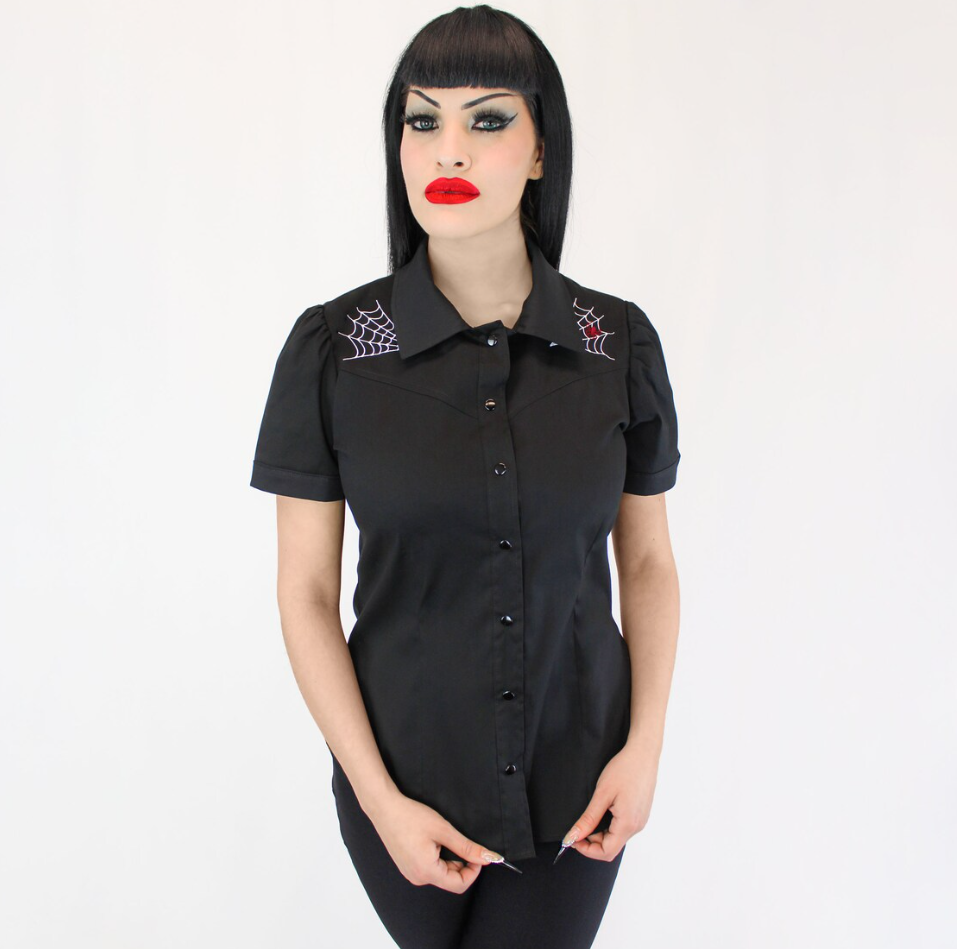 Hemet - Wholesale Button Down Shirt - Women's - Spider Webs and Spider Black Western Rockabilly1