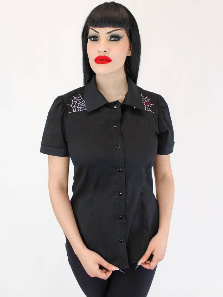 Hemet - Wholesale Button Down Shirt - Women's - Spider Webs and Spider Black Western Rockabilly1