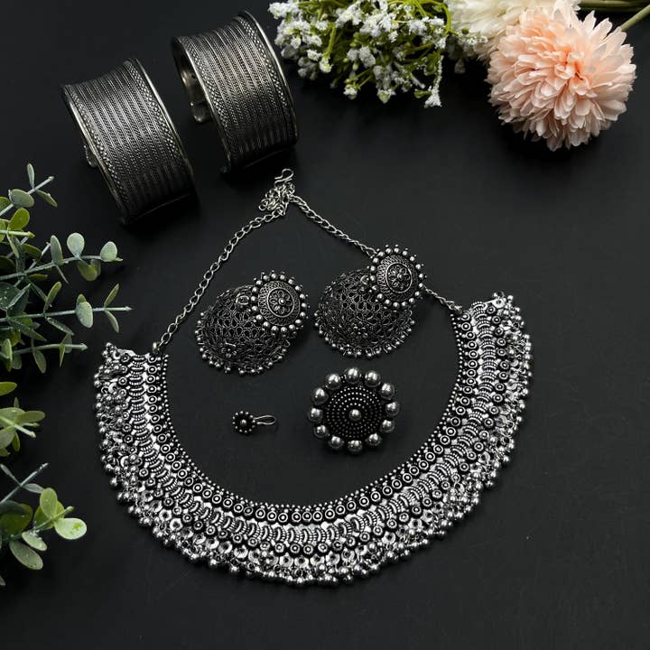 Silver Plated Ghungroo Choker & Adjustable Kada Set for wholesale by Vastrabhushan