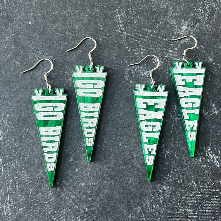 Eagles green Go Birds pennant statement dangle earrings for wholesale by Studio Bladel