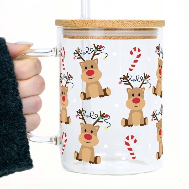 Christmas Deer + Candy Canes 17oz Glass Mug With Lid and Straw for wholesale by Sip-Sip Hooray!