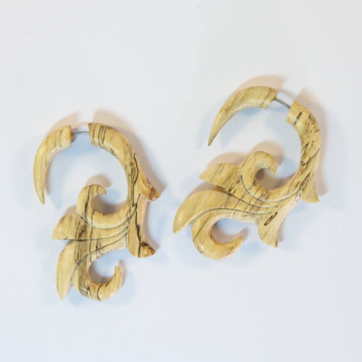 Ajmer by Jodi - Wholesale Dangle Earrings - Wood Fleur de Lis Faux Gauges ~ Fake gauged, carved wood5