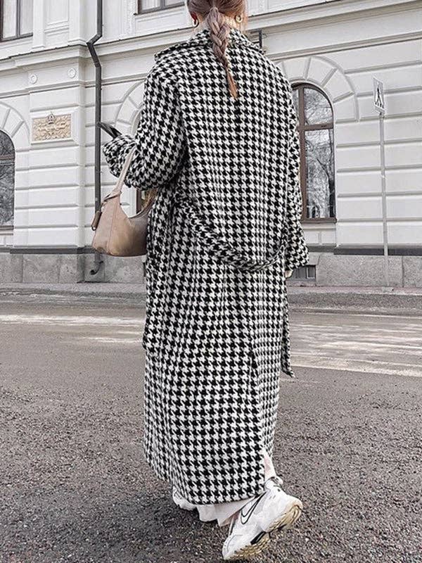 BLACK Long Sleeves Loose Houndstooth Split-Back Split-Joint Tied Waist Lapel Trench Coats for wholesale on Faire