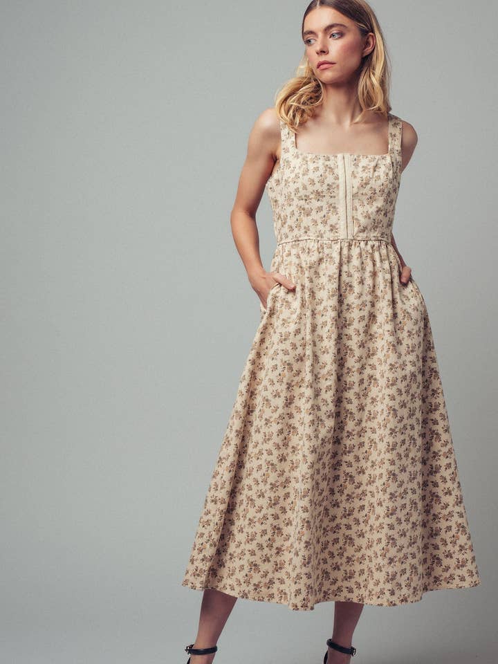 SAND MULTI Floral Square Neck Midi Dress for wholesale on Faire0