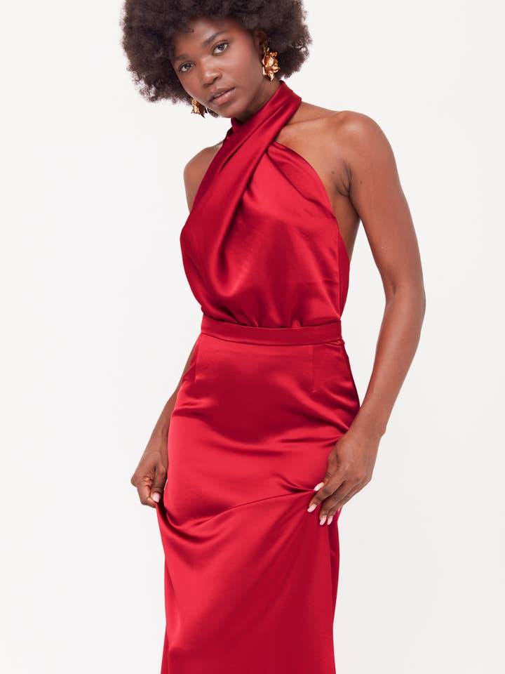 Aliur Deep Red Maxi Evening Dress With X Neck for wholesale by UNDRESS