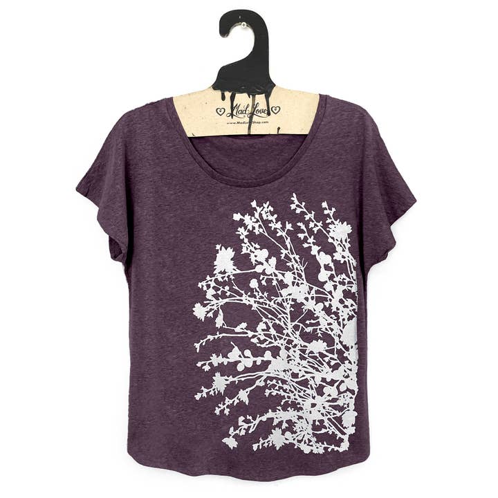 Mad Love Shop - Wholesale Screen Printed T-Shirt - Women's - Purple Dolman Top with Flowering Branches Print 0
