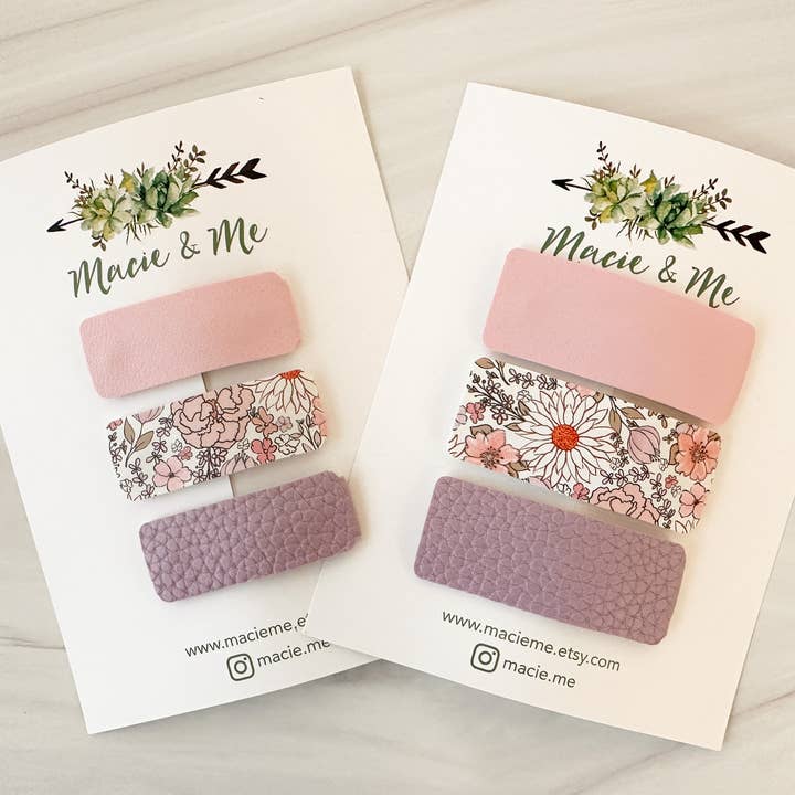 Pink, Floral, and Purple Snap Clip Set for wholesale by Macie & Me