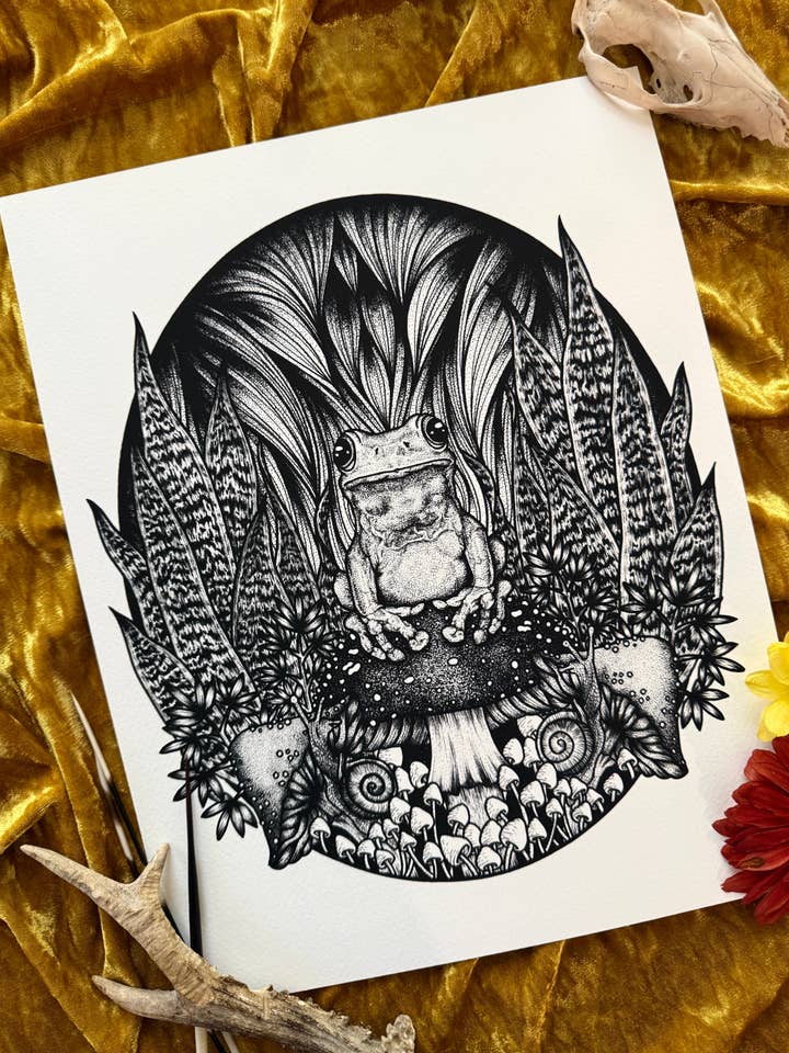 Mushroom King - Whimsical Frog & Mushroom Art Print for wholesale by Strat Lacy Art