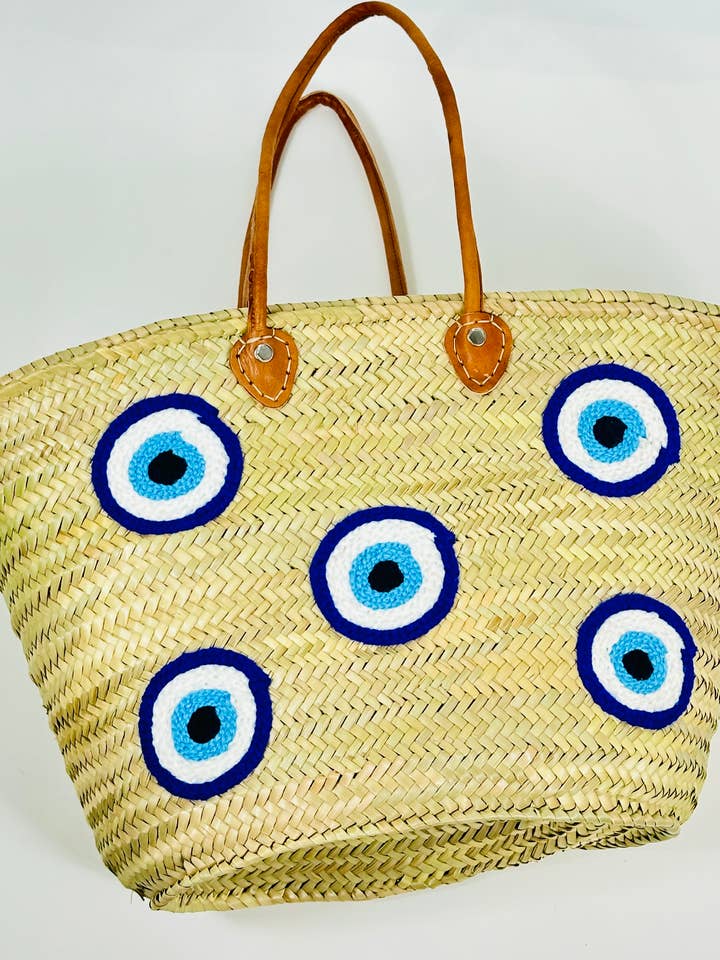 Bolso de paja marroquí con asas de cuero - Diseño de ojos para venta al por mayor de Mikwi