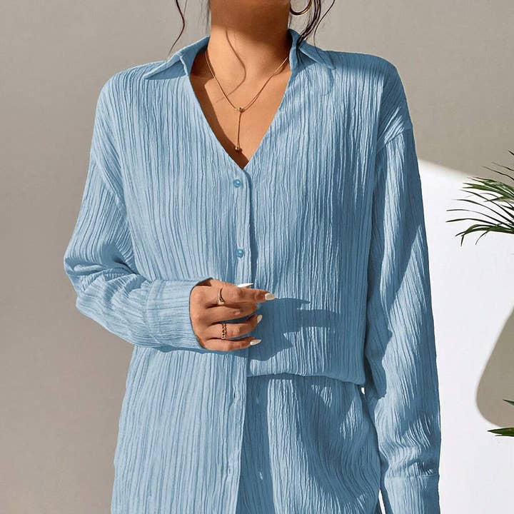 Plisse Button Up Collared Blouse Shorts Set for wholesale by L Michele