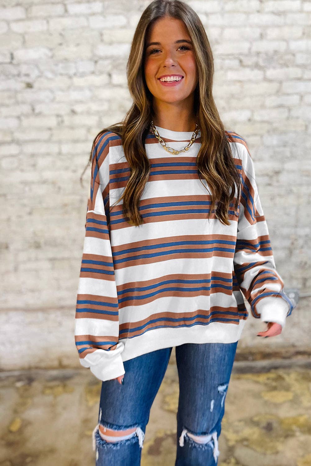 Lovesoft - Wholesale Sweatshirt - Women's - Khaki Stripe Crew Neck Drop Shoulder Pullover Sweatshirt7