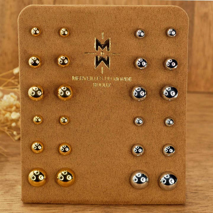 Espositore di 12 orecchini a bottone per la vendita all'ingrosso da parte di Merveilles du Monde