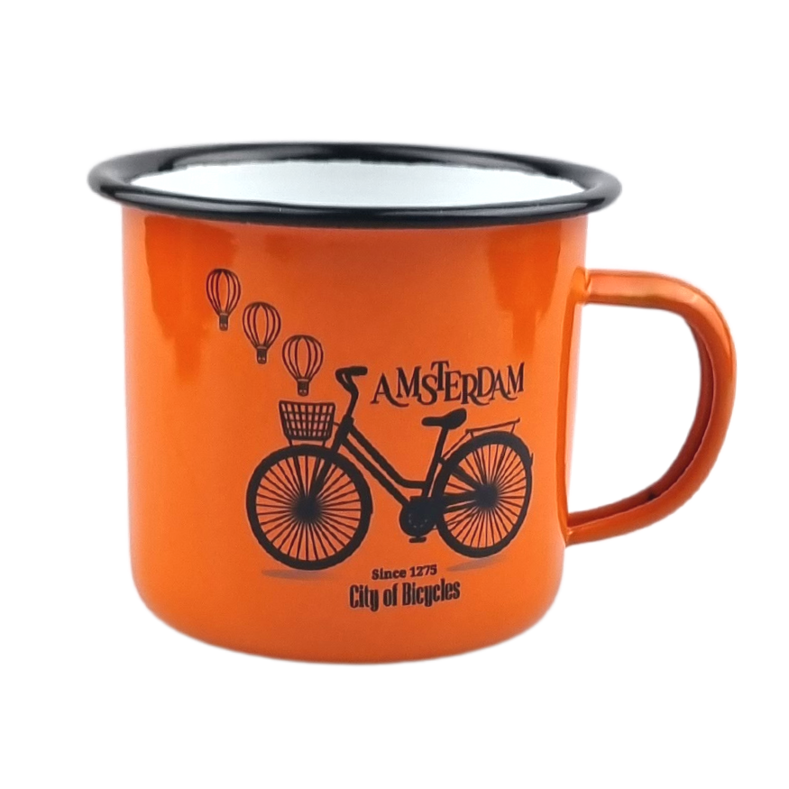 TRAAGOODS.COM – Engroshandel Kaffekrus – Emaljekrus med orange cykel og balloner0