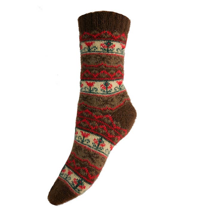 Brown and red bow patterned Wool Blend socks for wholesale by GEMJAR LTD