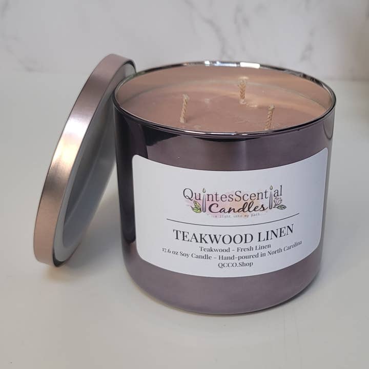 Teakwood Linen Soy Candle for wholesale by QuintesScential Candles