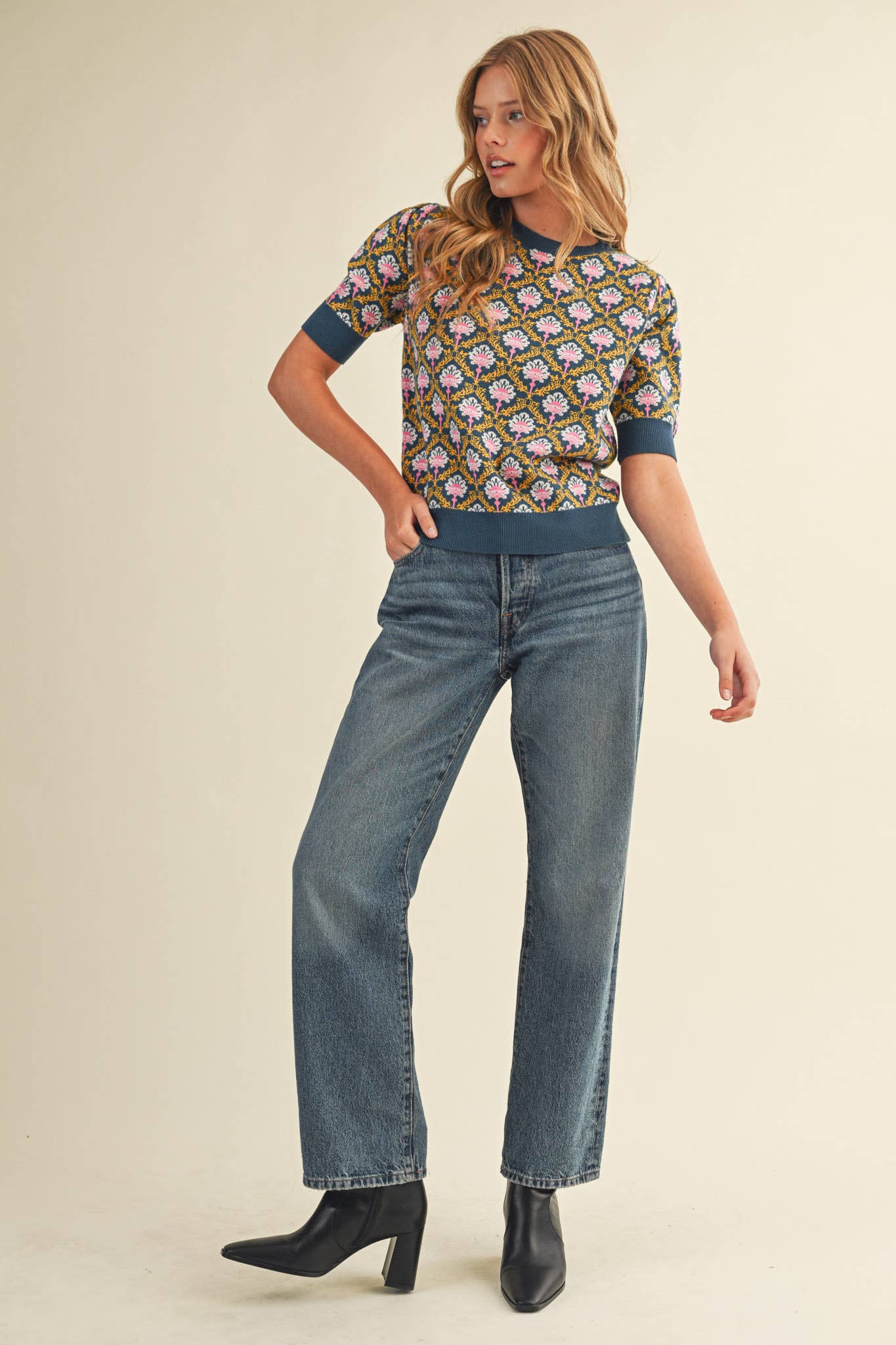 &MERCI - Wholesale Knit Sweater - Women's - FLORAL PATTERN SHORT SLEEVE SWEATER MSW1086020