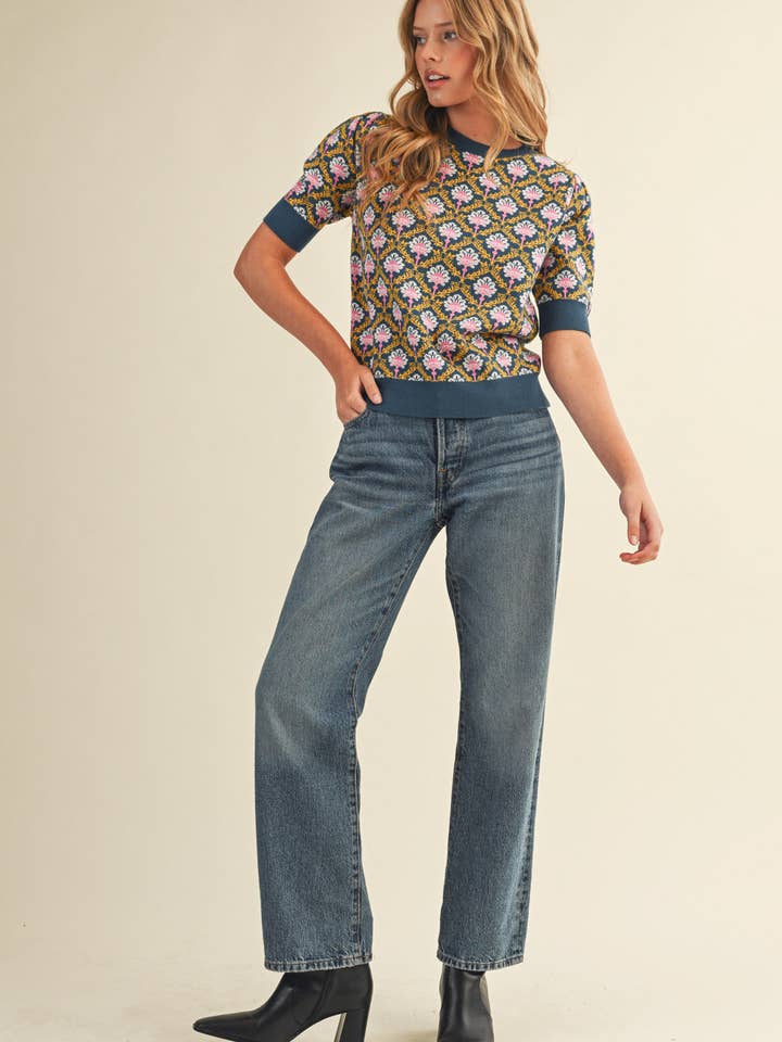 &MERCI - Wholesale Knit Sweater - Women's - FLORAL PATTERN SHORT SLEEVE SWEATER MSW1086020