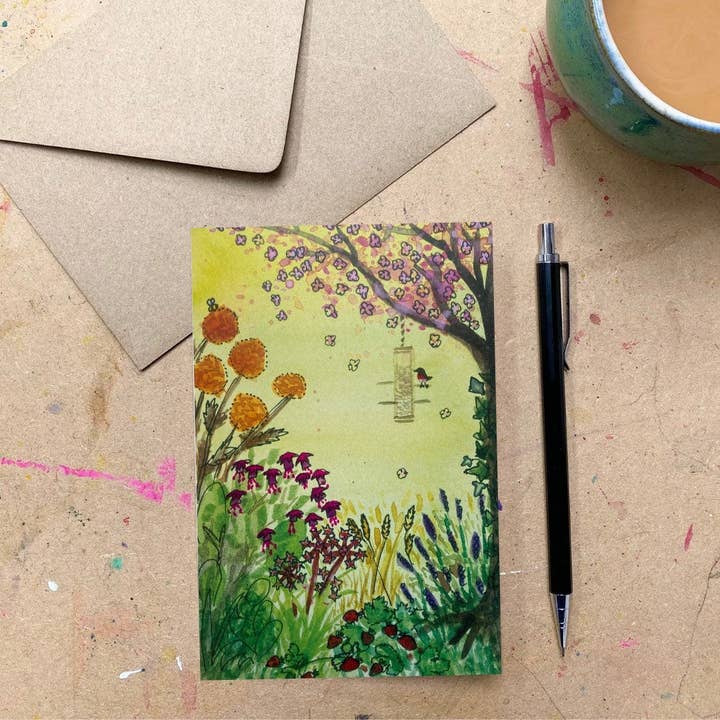 Summer Birdfeeder Card x5 for wholesale by Badibidu Watercolours