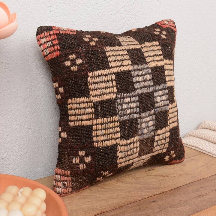 Capa de Almofada Kilim Feita à Mão 12x12 para Sofá, Padrão Castanho por atacado de Kilim Pillow Decors