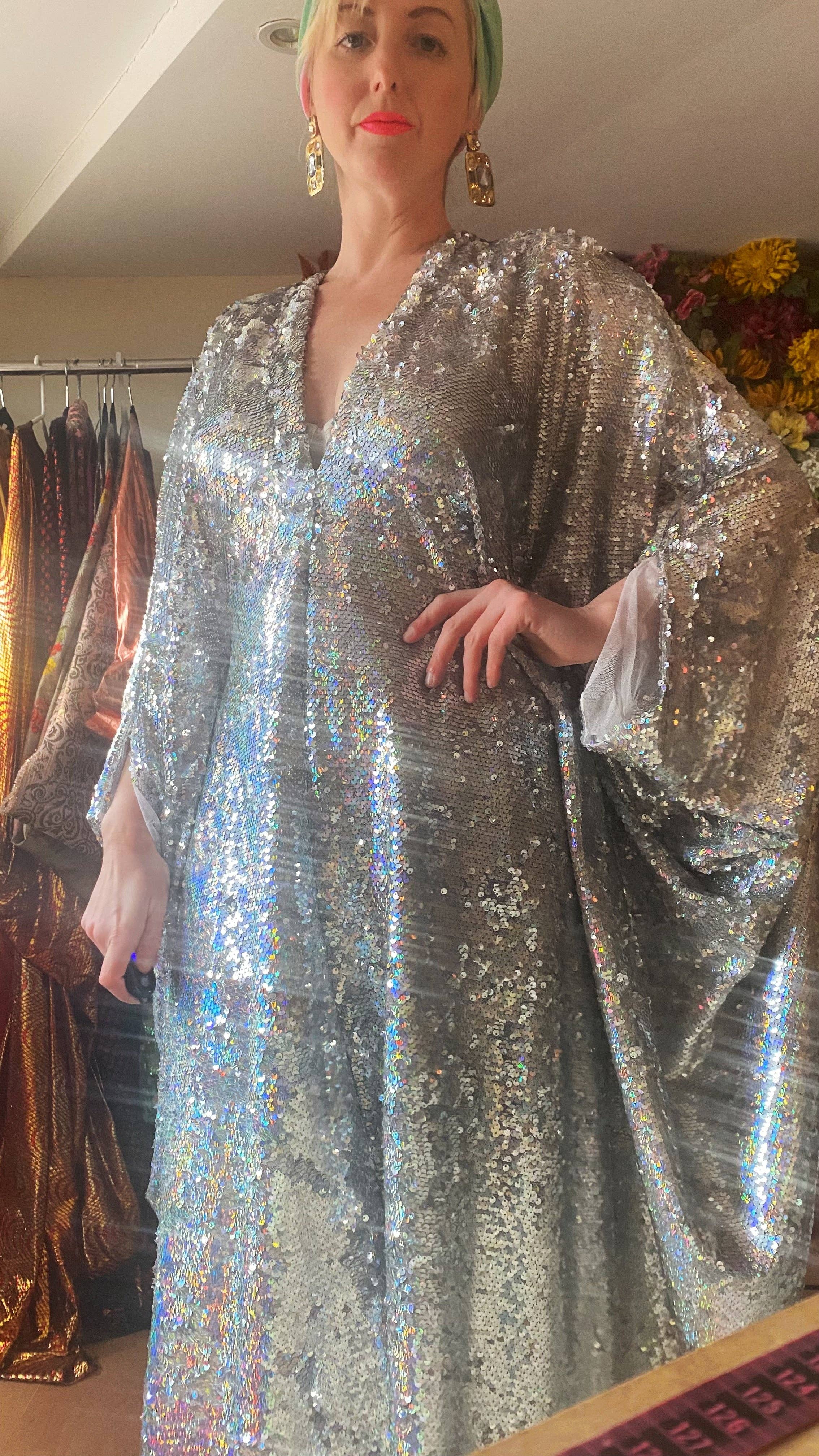 Fumbalinas – wholesale Kaftan – Women's – Silver Metallic Holographic/  Sequin Kaftan Gown / Dress54