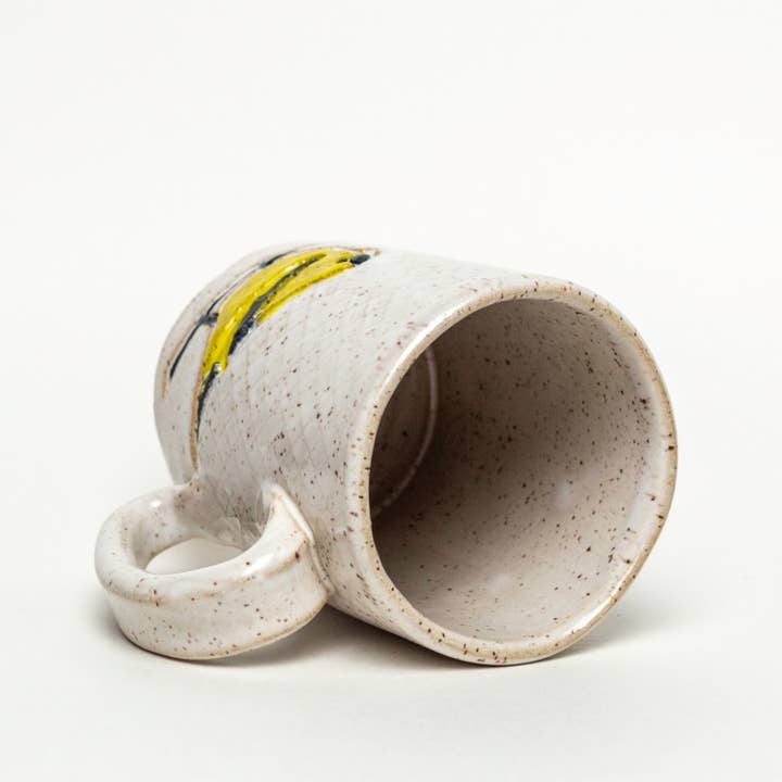 White Squirrel Clayworks – wholesale Coffee mug – Goldfinch Pattern Handmade in Ohio Ceramic White 14oz Mug1