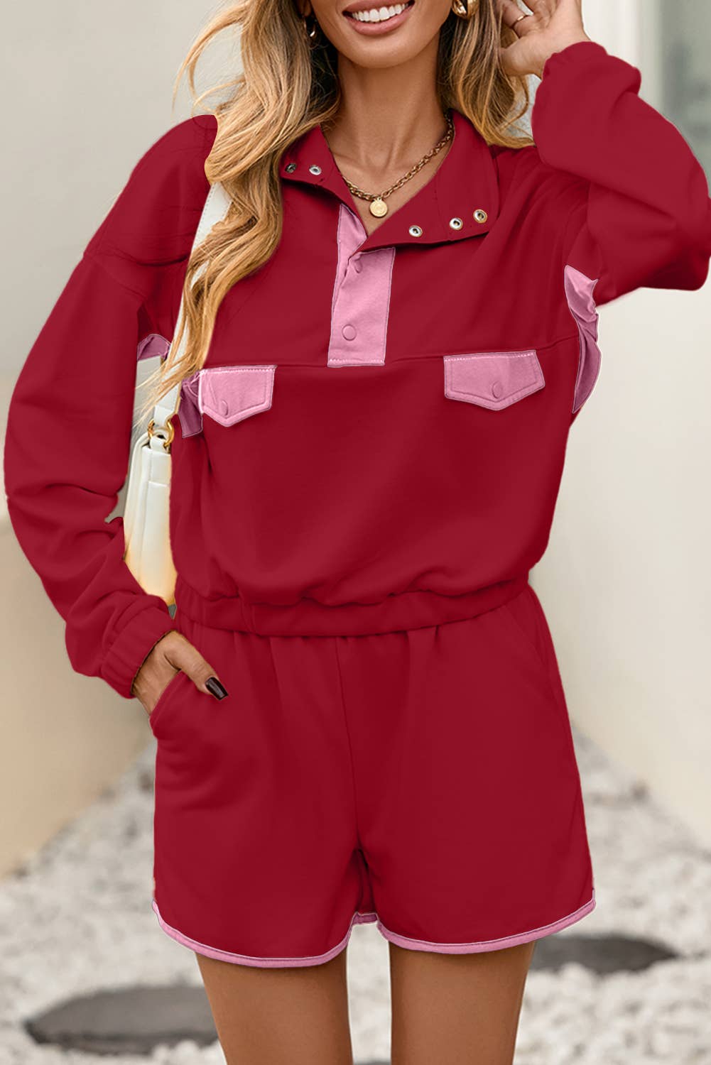 Little Daisy Closet - Wholesale Lounge Set - Women's -  LDC Colorblock Half Button Pullover and Shorts 2pcs Outfit9