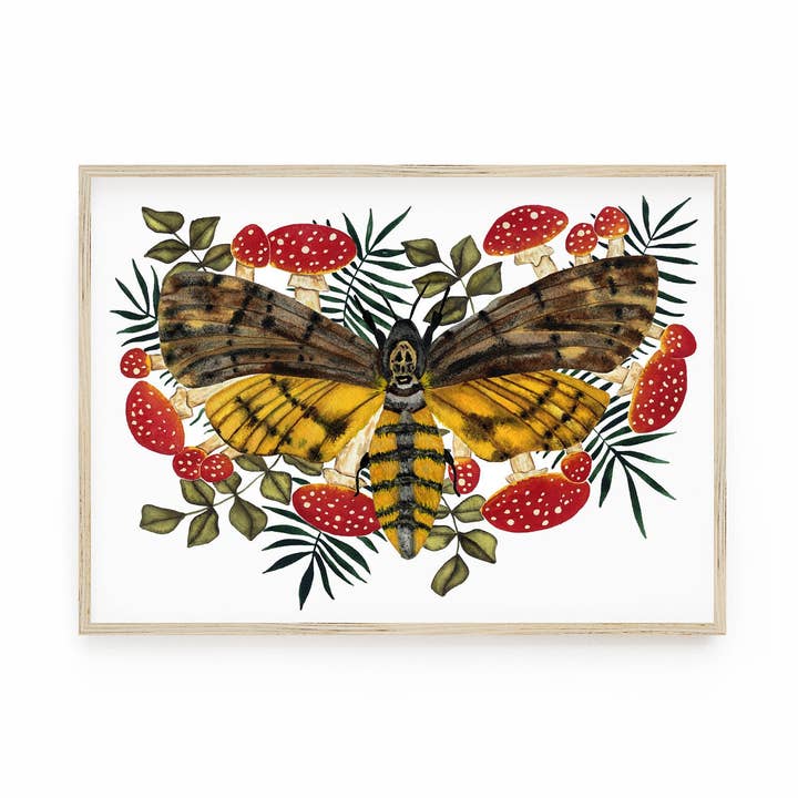 Deaths Head Moth Print With Magic Mushroom Art for wholesale by Candace Fincher