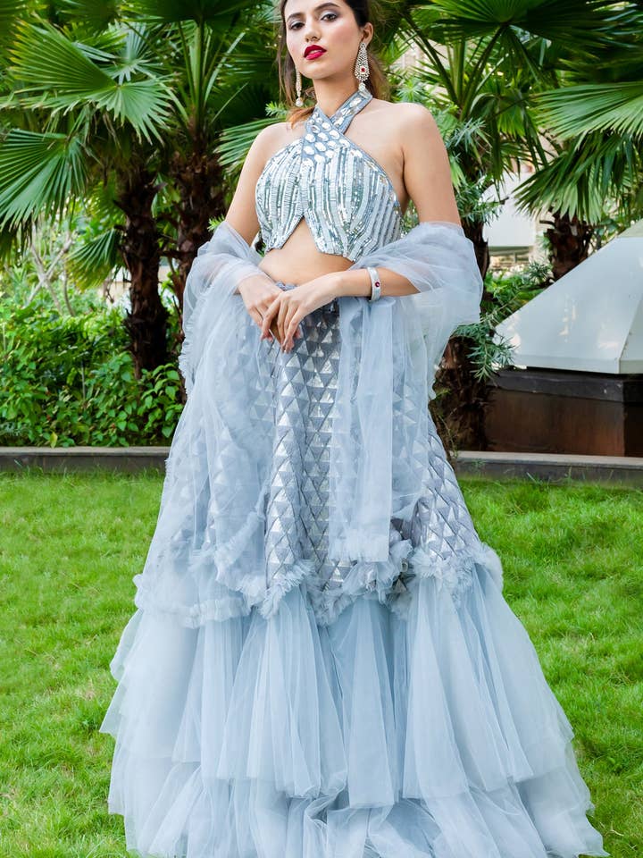 Grey Halter Neck Lehenga for wholesale by Mehr by Pretty