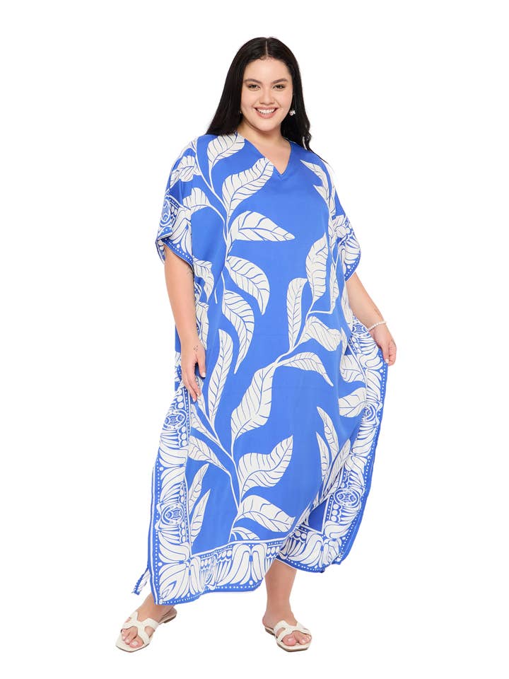 Royal Blue Leaf Kaftan Dress for Women Beach Sundress for wholesale by GYPSIE BLU