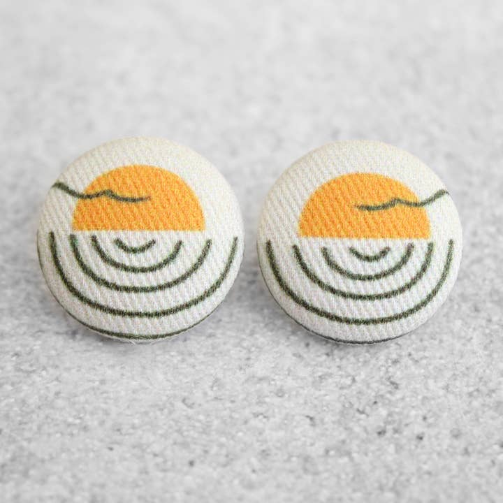 Bold 7/8 Inch Seaside Sunset Fabric Button Earrings for wholesale by Rachel O's
