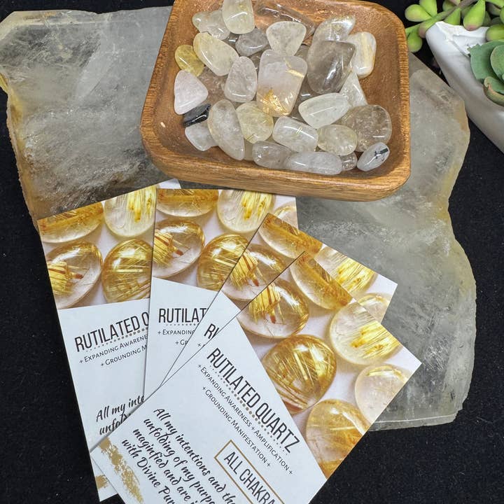 8 oz Rutilated quartz tumbled stones w/ 10 info cards F97D for wholesale by The 7 Directions