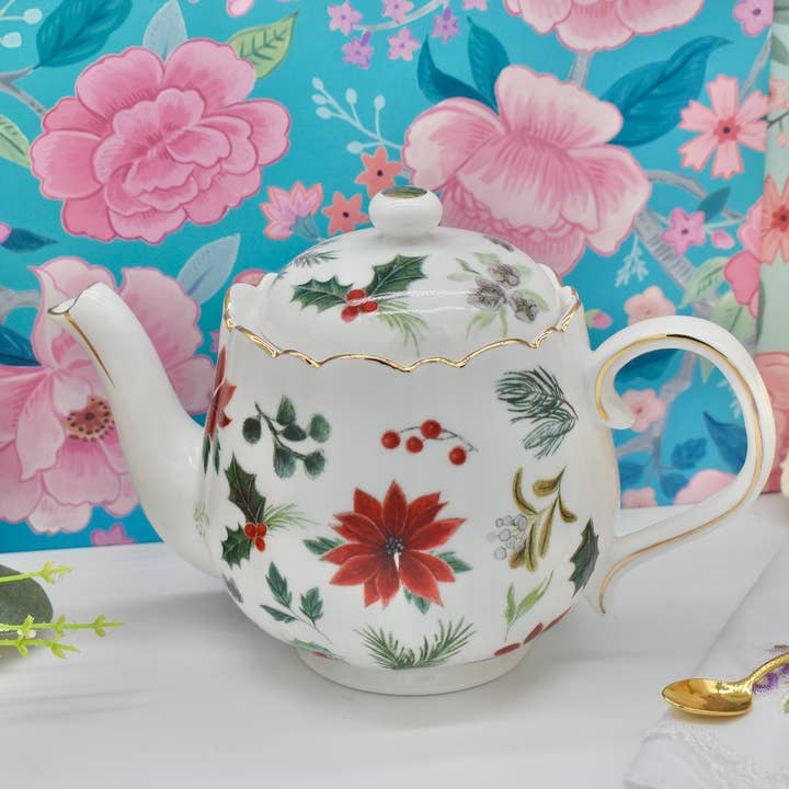 All Little Cute Things - Wholesale Tea Pot - Teapot Red Poinsettia Flowers and Holly Berries2