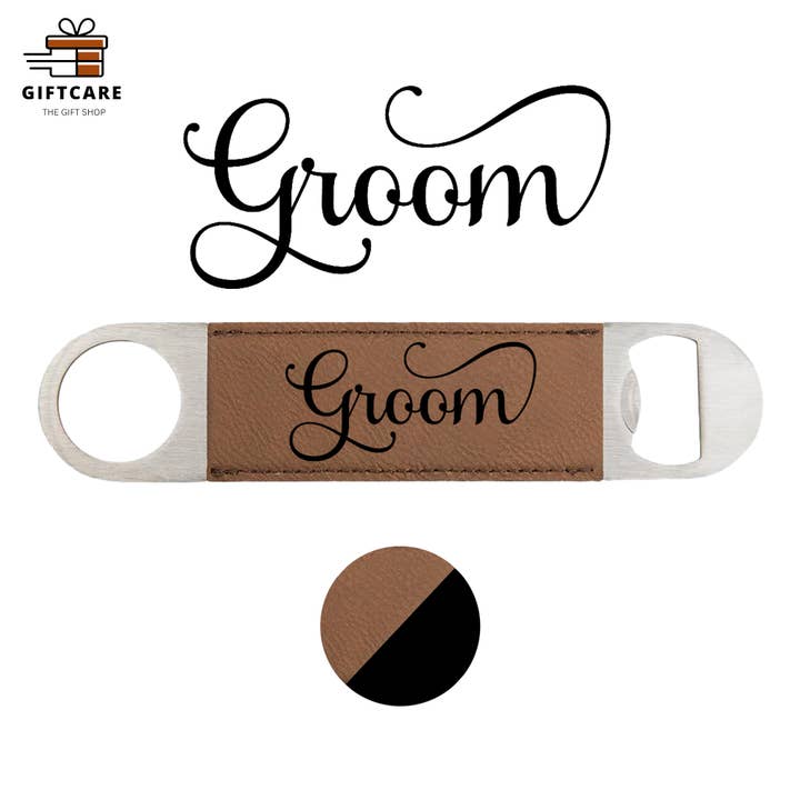 Personalized Bottle Opener/Bar Key Happy Wedding Favor Gift for wholesale by Laser Leatherette
